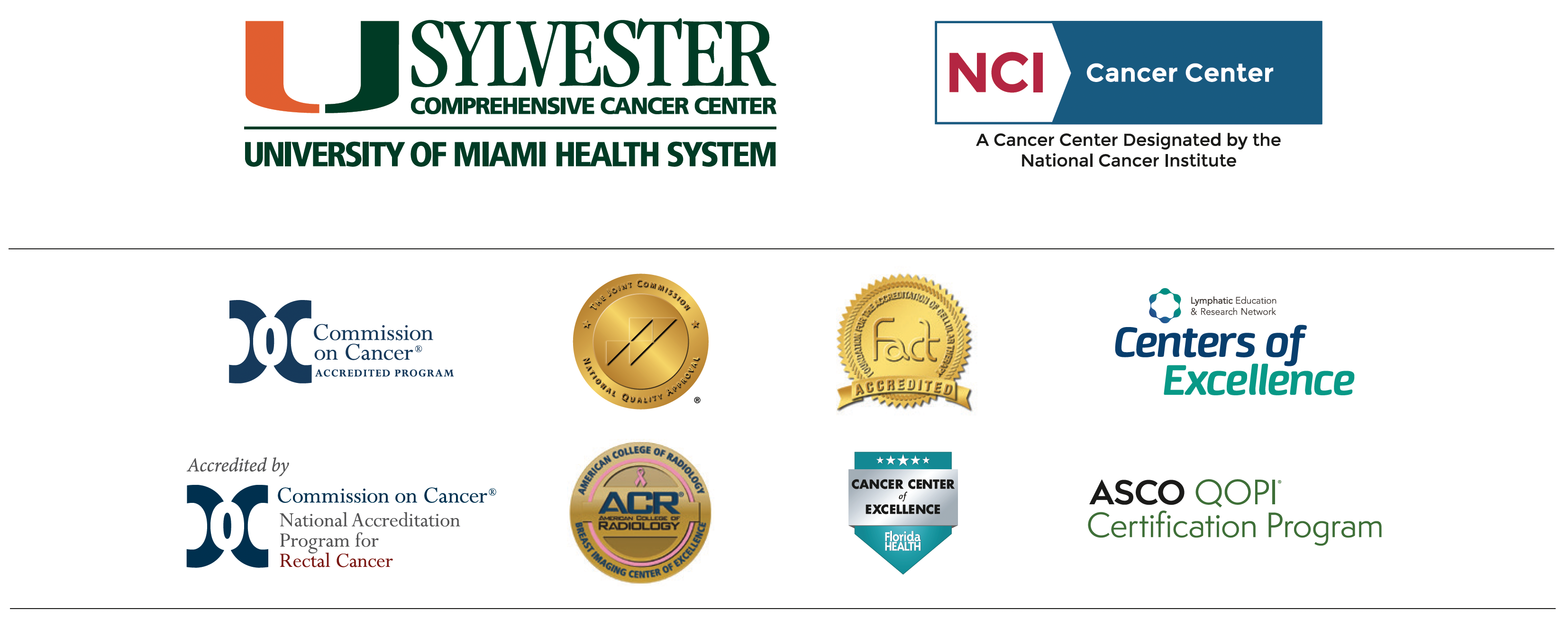 Sylvester Comprehensive Cancer Center logo, NCI Cancer Center logo and other accreditations and designations