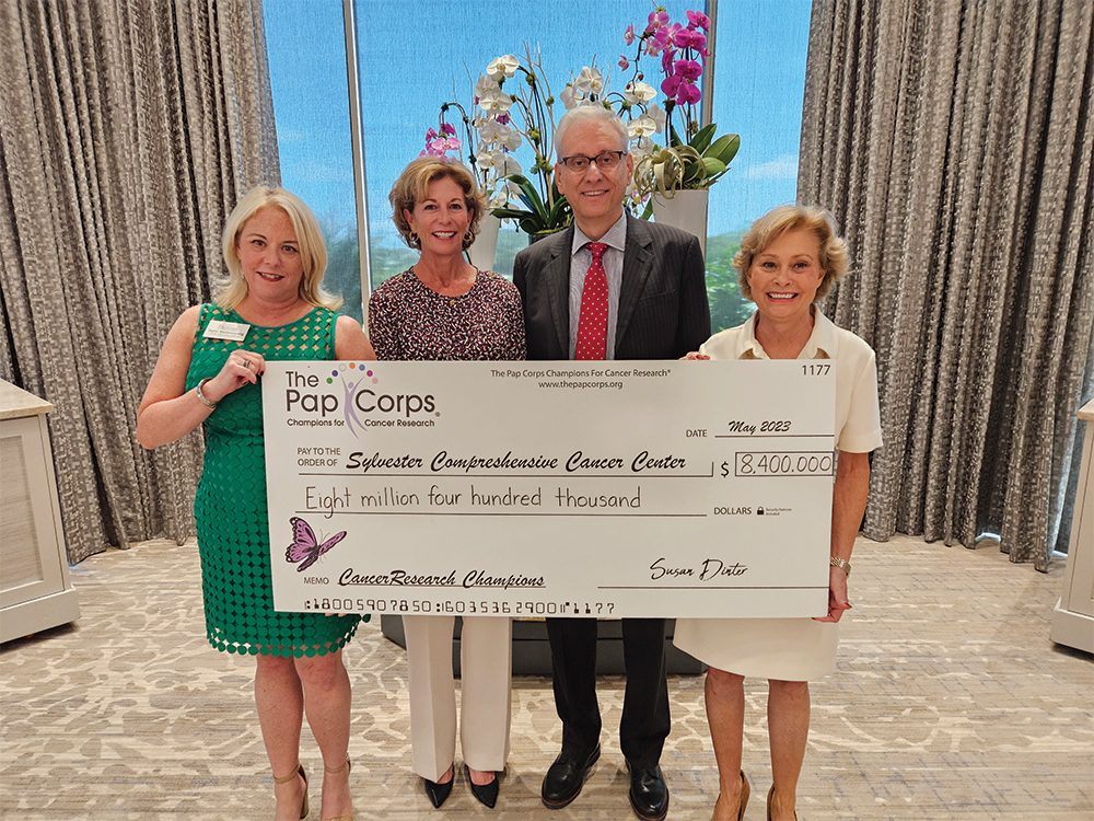 Sally Berenzweig, CEO of The Pap Corps; Jayne Malfitano, president and director, Harcourt M. and Virginia W. Sylvester Foundation and chair of the Sylvester Board of Governors; Antonio Iavarone, M.D.; and Susan Dinter, chair of The Pap Corps.