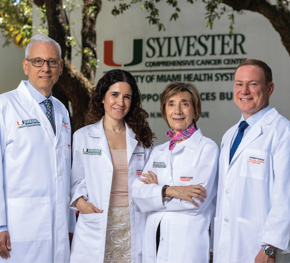 The Sylvester Brain Tumor Institute leadership team (from left):
Dr. Antonio Iavarone, Dr. Macarena de la Fuente, Dr. Anna Lasorella
and Dr. Ricardo Komotar
