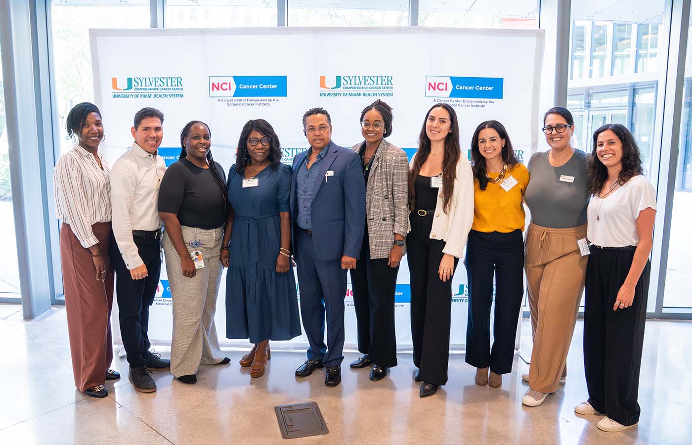 Left to right: Lisa Quammie-John, Manager, Research Support; Luis Fernando Garcia, Outreach Specialist; Cassandra White, Manager, Administrative Operations; Valentine Cesar, Outreach Specialist; Jacques Pierre-Louise, Outreach Specialist; Tiffany Albury, Sr. Manager, Programs; Agustina Tanoira, Project Manager; Alica Diaz Oria, Director, Research Support; Caridad Fulladosa, Manager, Administrative Operations; and Corrine Ferrari, Sr. Research Associate