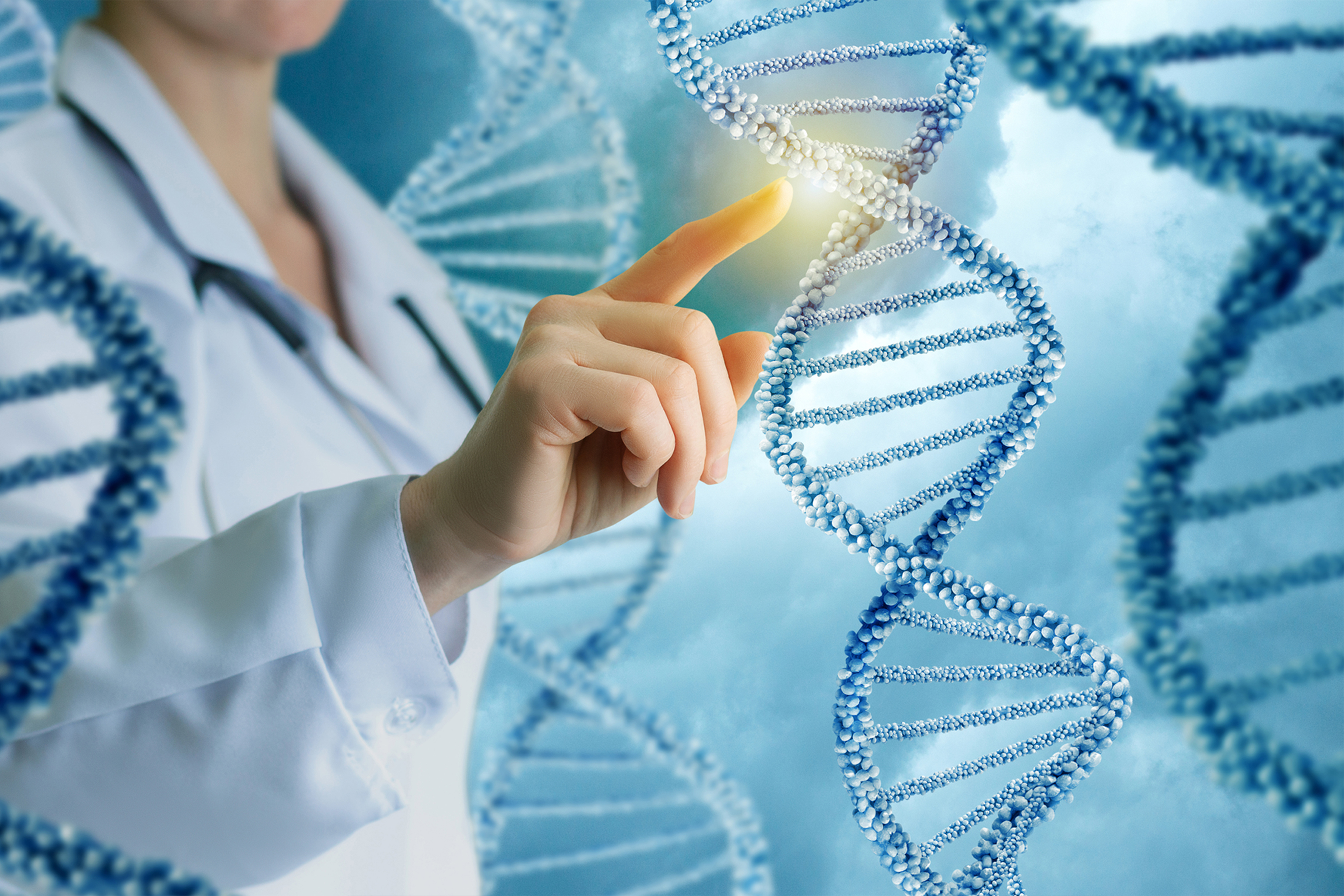Woman doctor pointing at a DNA Helix