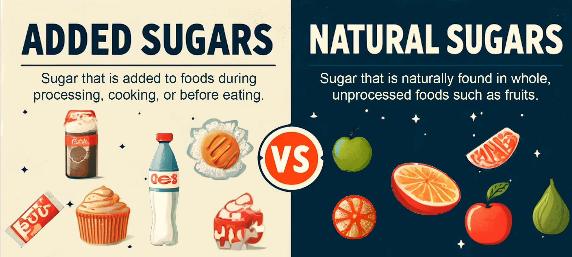 Graphic showing sample foods that contain added sugars versus sample foods that contain natural sugars