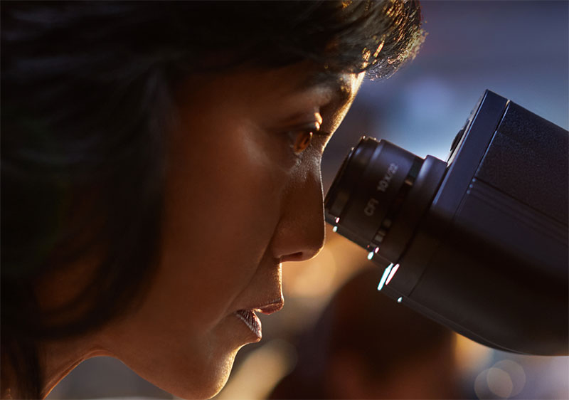 Woman expert looking into microscope