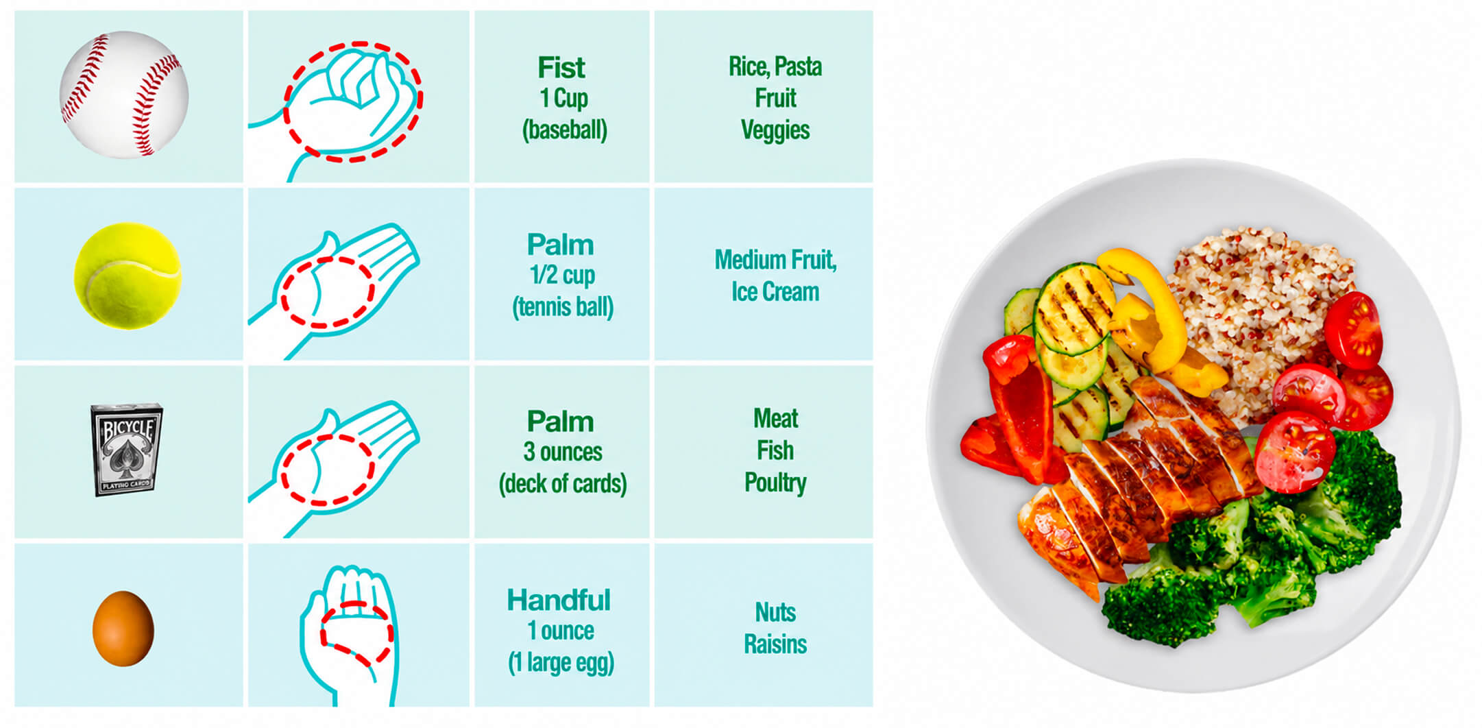 Portion size guide comparing hand measurements to food amounts: fist equals one cup, palm equals half cup or three ounces, handful equals one ounce