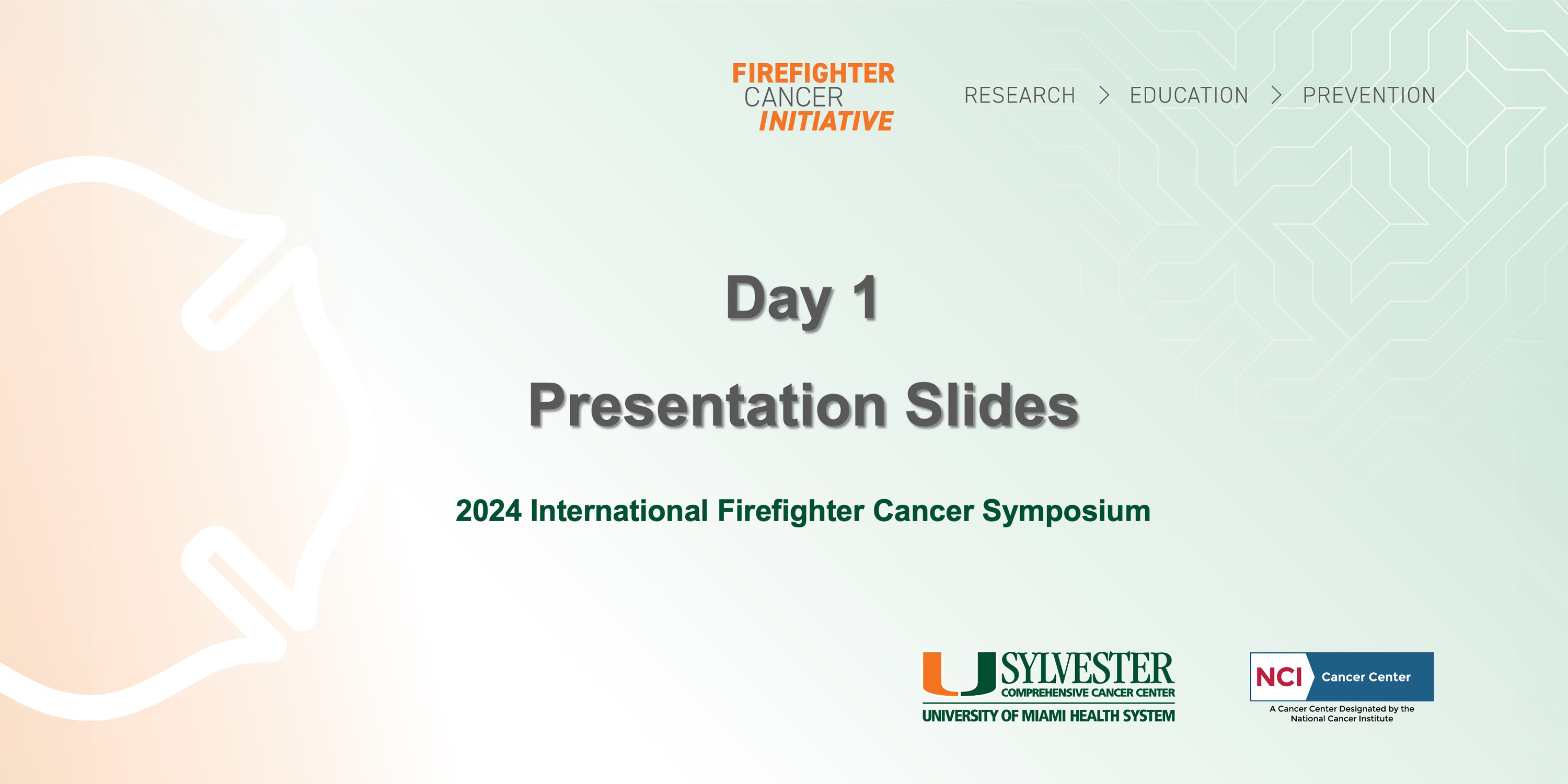Decorative cover for the 2024 Firefighter Cancer Initiative Symposium, Day 1 Presentation Slides