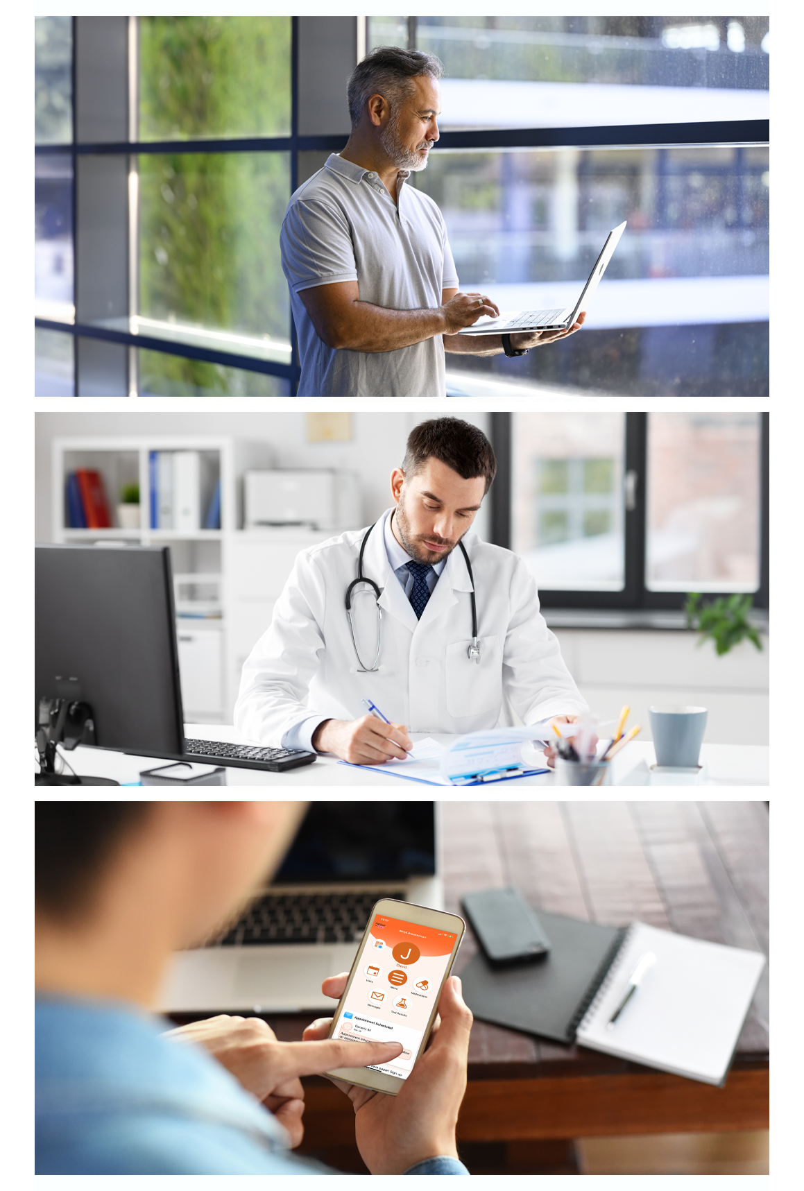 Man typing on a laptop at the top, doctor writing on a paper in the middle and a person looking at their medical records on a phone.