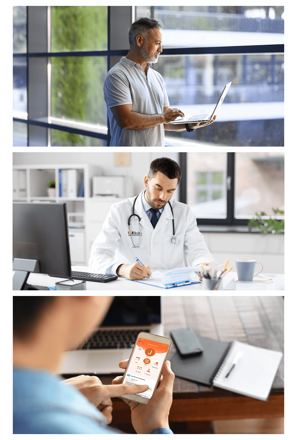 Man typing on a laptop at the top, doctor writing on a paper in the middle and a person looking at their medical records on a phone.