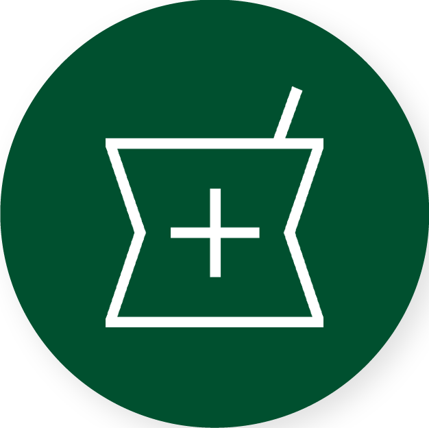White pharmacy icon on a green background