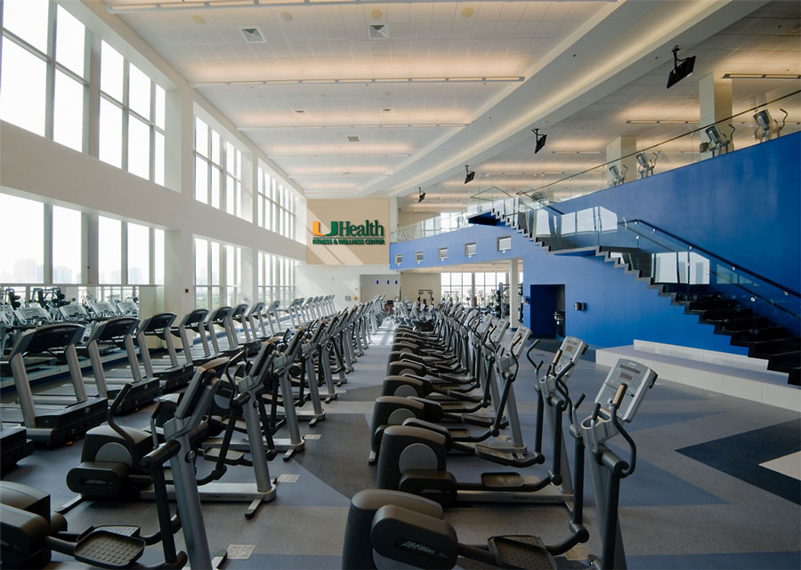 Interior shot of aerobic equipment at the UHealth Fitness & Wellness Center