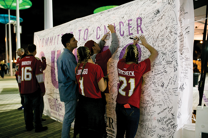 Thousands of Florida Panthers fans and others signed the Sylvester <strong>Committed to Cancer Cures</strong> wall erected outside the arena during each of the Hockey Fights Cancer games.