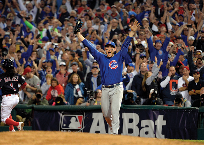 Anthony Rizzo celebrates catching the ﬁnal out during the game leading to the Cubs’ World Series victory.