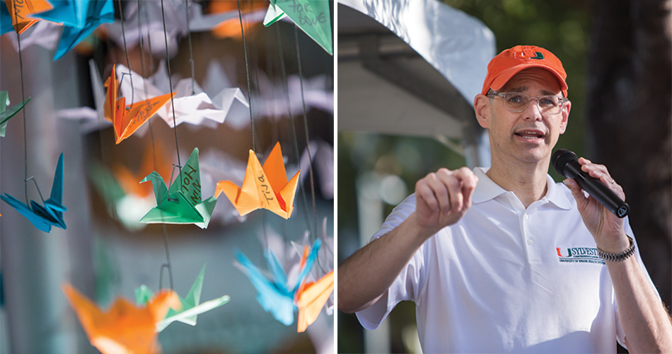 From left to right: More than 1,500 origami paper cranes with words of encouragement, Adam E. Carlin addresses participants at the start of the DCC Miami 35