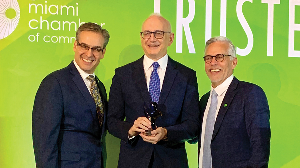 From left, Alfred Sanchez, president of the Greater Miami Chamber of Commerce, Stephen D. Nimer, M.D., and Felipe F. Basulto, chair of the Greater Miami Chamber.
