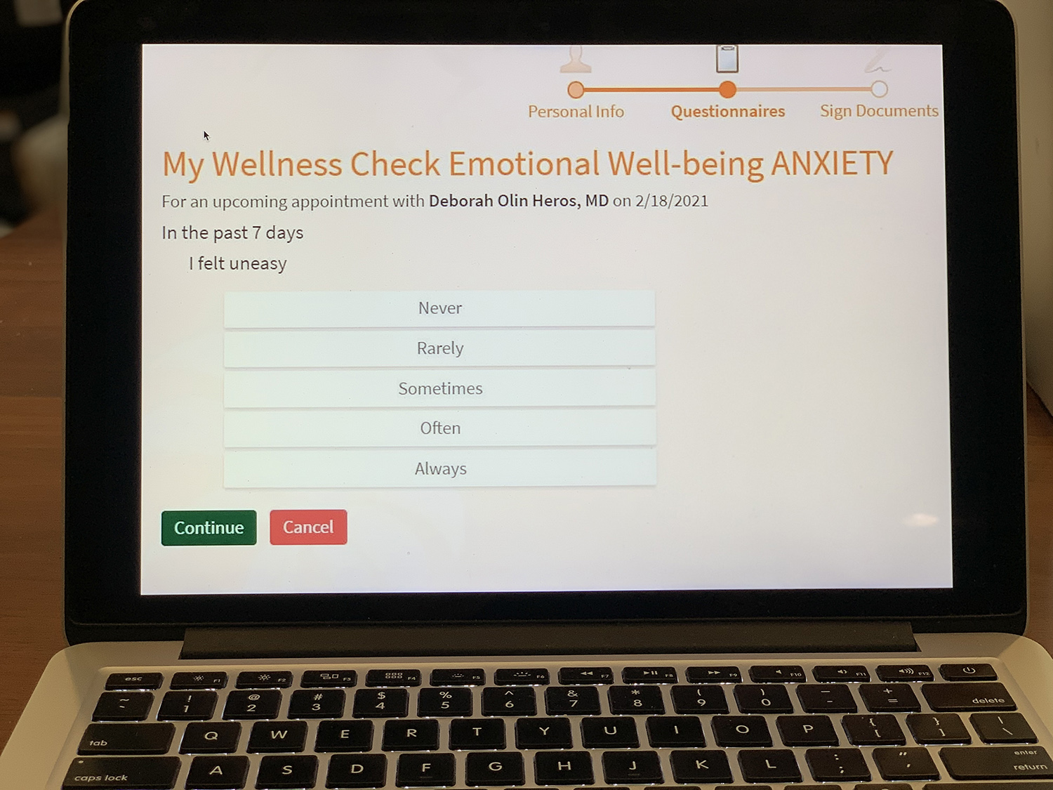 Anxiety wellness check on a laptop computer