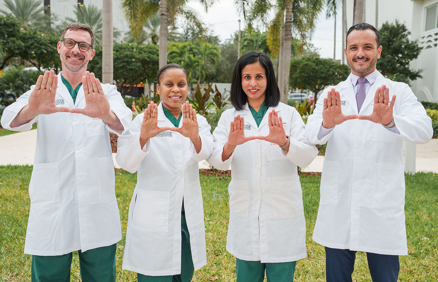(From left to right): Matthew Schlumbrecht, M.D., M.P.H., Patricia Jeudin, M.D., Navya Nair, M.D., M.P.H., and Abdulrahman Sinno, M.D. 