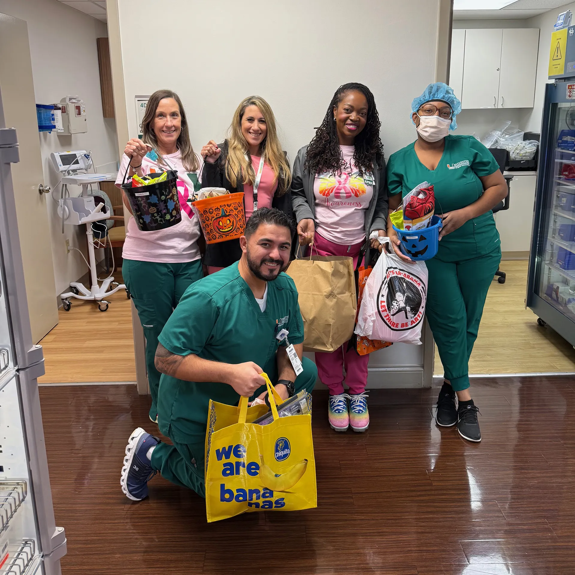 Nurses with buckets and bags of treats at UHealth