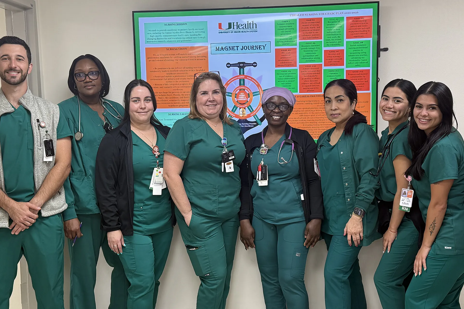 UHealth nurses take a group photo in front of some signage