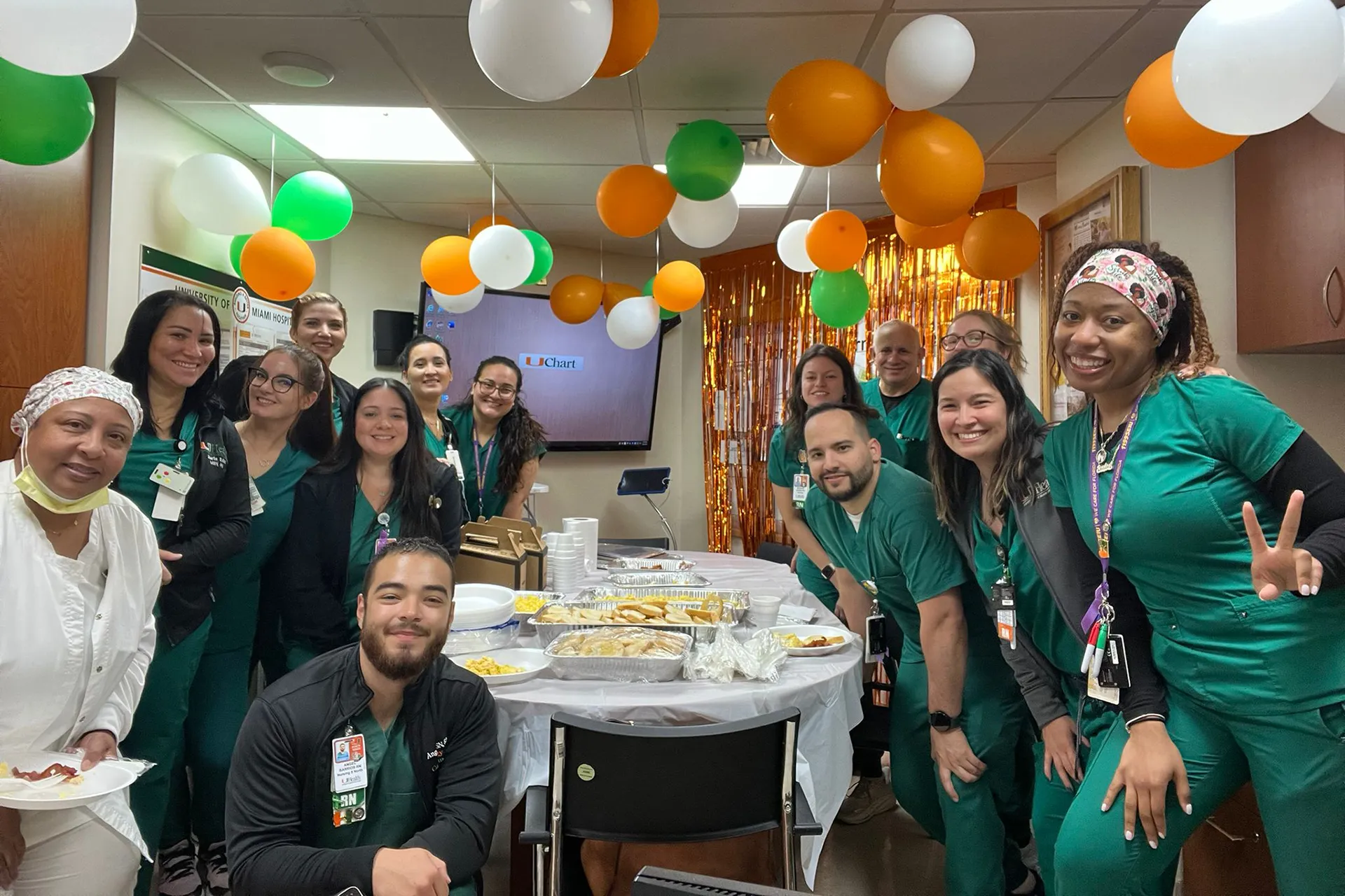 Nurses get together for a party with balloons