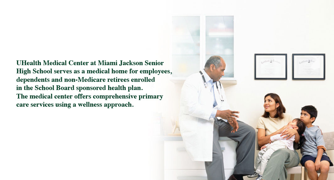 Promotional Image featuring a physician speaking to a family for UHealth Medical Center at Miami Jackson Senior High School
