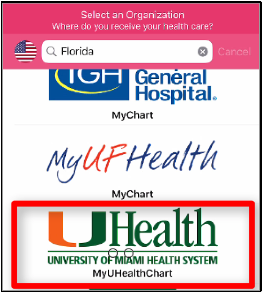Logotipo de UHealth dentro de la aplicación MyChart